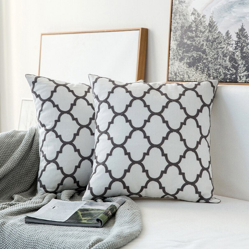 Home Decor Emboridered Cushion Cover GreyGeometric Canvas