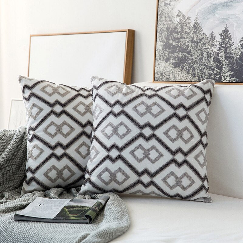 Home Decor Emboridered Cushion Cover GreyGeometric Canvas